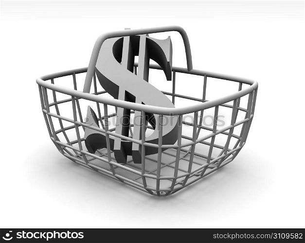 Consumer basket with dollar. 3d