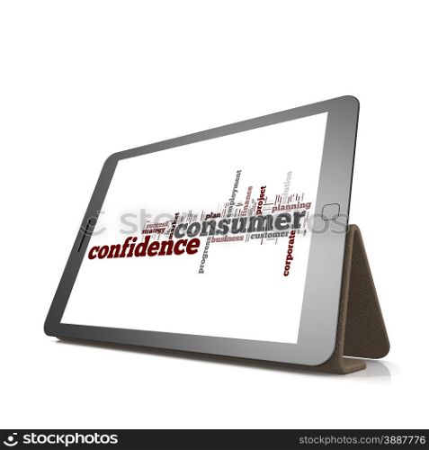 Consumer confidence word cloud on tablet image with hi-res rendered artwork that could be used for any graphic design.. Consumer confidence word cloud on tablet