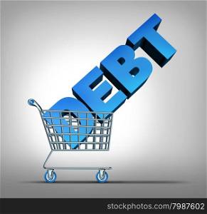 Consumer debt financial concept as a shopping cart dragging a three dimensional text as a credit problem symbol for challenges managing spending at retail stores.