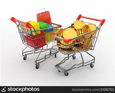 Consumerism. Purchase of goods for money. Shopping cart with boxes and coins. 3d