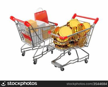 Consumerism. Purchase of goods for money. Shopping cart with boxes and coins. 3d