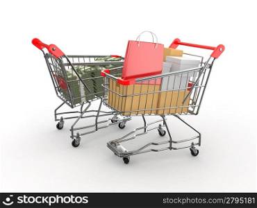 Consumerism. Purchase of goods for money. Shopping cart with boxes and dollars. 3d