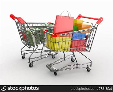 Consumerism. Purchase of goods for money. Shopping cart with boxes and euro. 3d
