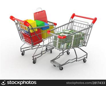 Consumerism. Purchase of goods for money. Shopping cart with boxes and euro. 3d