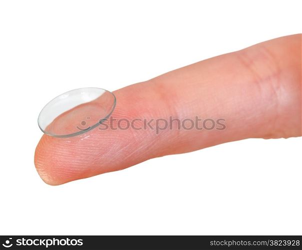 contact lens on finger close up isolated on white background