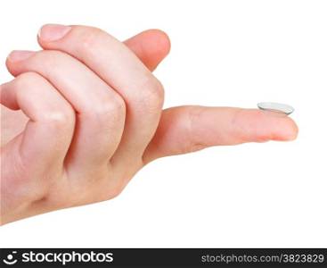 contact lens on the index finger of female hand isolated on white background