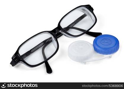 Contact lenses and glasses isolated on white