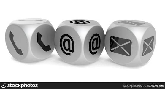 Contact us concept with telephone, email and address on silver dices, 3d rendering