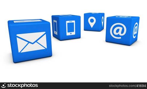 Contact us icons and symbol on blue cubes 3D illustration on white background.