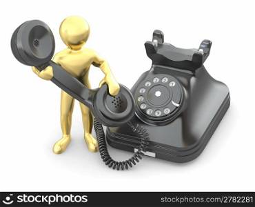 Contact us. Man with phone on white isolated background. 3d