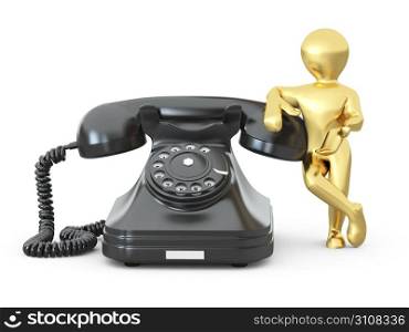 Contact us. Man with phone on white isolated background. 3d