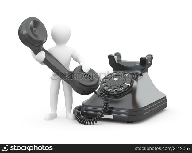 Contact us. Man with phone on white isolated background. 3d