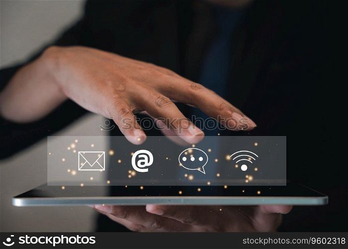 Contact us or e-mail marketing concept on tablet, highlighting customer support hotline connections. Icons of email, phone call, and address represent communication. Banner online company interactions