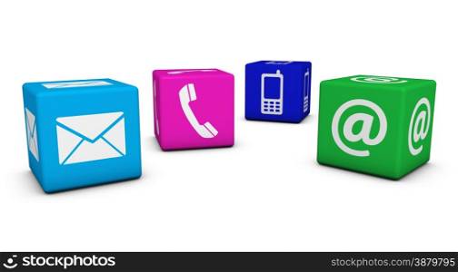 Contact us web and Internet concept with email, mobile phone and at icons and symbol on four colorful cubes for website, blog and on line business.