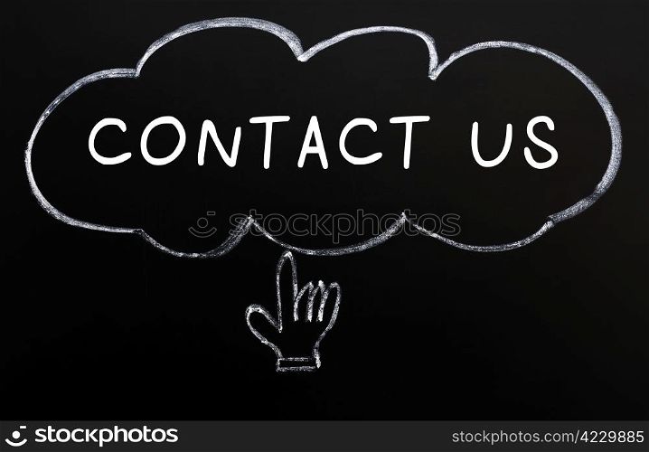 ""Contact us" with a hand cursor drawn in chalk on a blackboard"