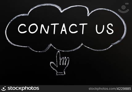 ""Contact us" with a hand cursor drawn in chalk on a blackboard"