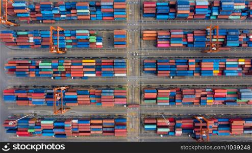 container box storage and the seaport International by shipping cargo containers transportation import and export business services the sea flight leam chabang thailand aerial top view