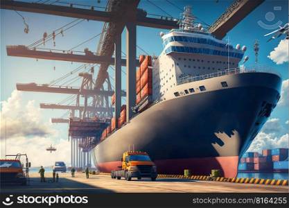 Container Cargo ship and Cargo plane working crane bridge in shipyard , logistic import export and transport industry background , Logistics and transportation concept, Generative Ai