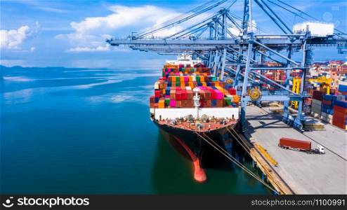 Container cargo ship at industrial port in import export business logistic and transportation of international by container cargo ship in the open sea.