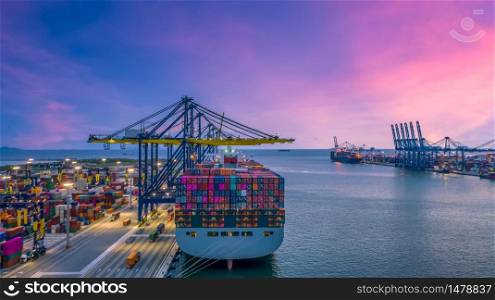 Container cargo ship at industry sea port, import export commerce global business trade logistic and transportation oversea worldwide by container cargo vessel ship boat, Freight shipping maritime.