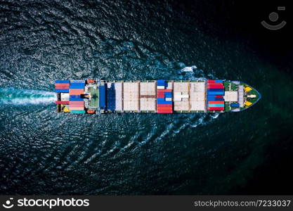 container cargo ship, business freight shipping international by container cargo ship in the sailing open sea at night process aerial view from drone