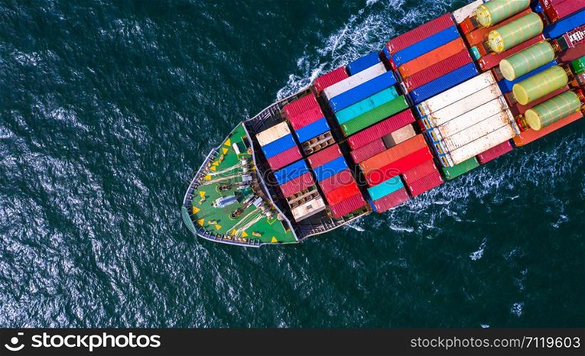 Container cargo ship carrying container for business freight import and export, Aerial view container ship arriving in commercial port.