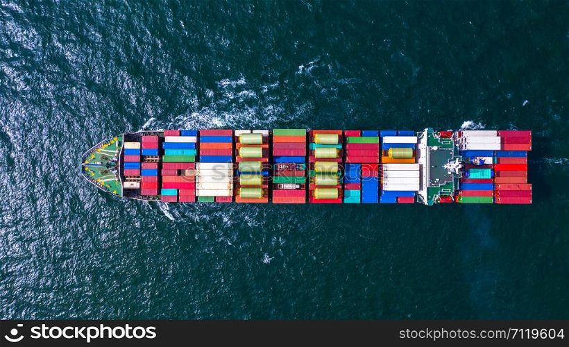 Container cargo ship carrying container for business freight import and export, Aerial view container ship arriving in commercial port.