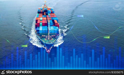 Container cargo ship global business logistics import export freight shipping transportation, Container cargo ship analysis, Big data visualization abstract graphic graph and chart information business.