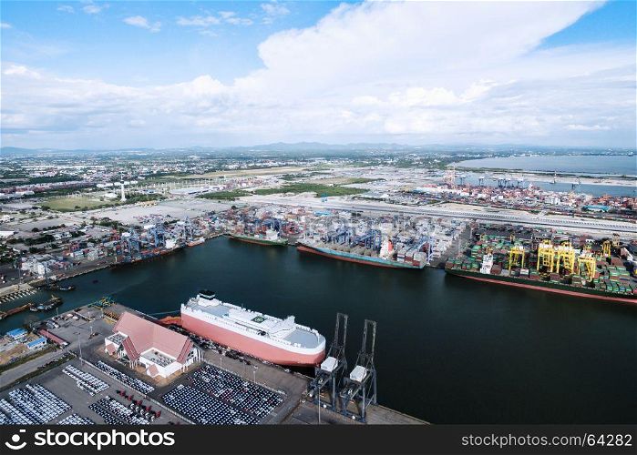 container cargo ship, import export, business logistic supply chain transportation concept for shipping aerial top view background