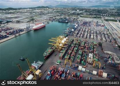container cargo ship, import export, business logistic supply chain transportation concept for shipping aerial top view background