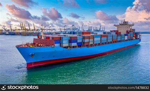 Container cargo ship import export global business worldwide logistic and transportation, Container ship supply chain crisis, logistic crisis, Aerial view container cargo vessel boat freight ship.