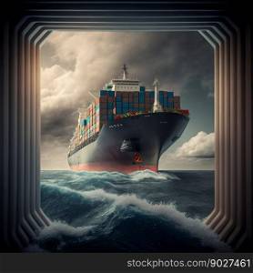 Container cargo ship in sea. Generative Ai. High quality illustration. Container cargo ship in sea. Generative Ai