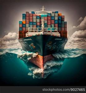 Container cargo ship in sea. Generative Ai. High quality illustration. Container cargo ship in sea. Generative Ai