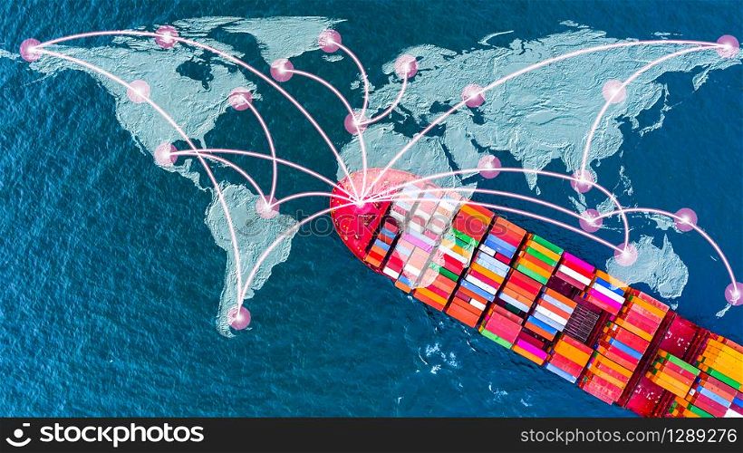 Container cargo ship vessel carrying container box to worldwide, Global business freight shipping logistic oversea import and export, container vessel arriving in commercial port.