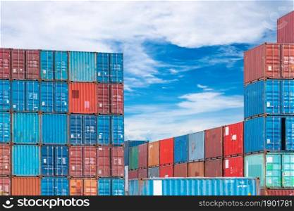 Container logistic. Cargo and shipping business. Container ship for import and export logistic. Container freight station. Logistic industry from port to port. Container at harbor. Sea freight concept
