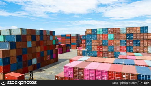 Container logistic. Cargo and shipping business. Container ship for import and export logistic. Container freight station. Logistic industry from port to port. Container at harbor for truck transport.