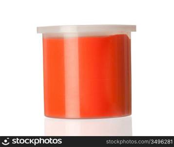 Container of red paint isolated on white background with reflection
