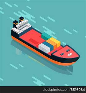 Container or Cargo Ship Sailing in the Sea. Vector. Container or cargo ship sailing in the sea. Multi-purpose vessel. Chemical or product tanker. Custom high speed picker boat. Carries cargo, goods, and materials from one port to another. Vector