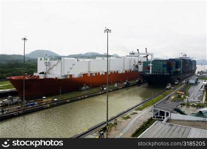 Container ship and cargo containers at a commercial dock, Panama Canal, Panama