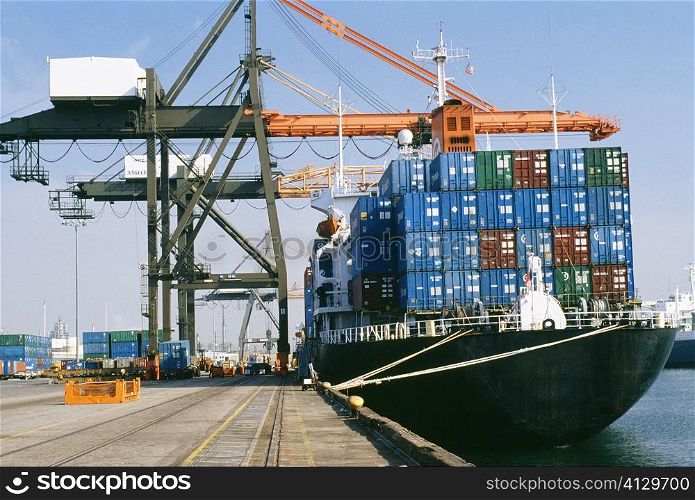 Container ship and cranes at a dock, Los Angeles, USA
