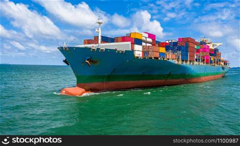 Container ship at industrial port in import export business logistic and transportation of international by container ship in the open sea.