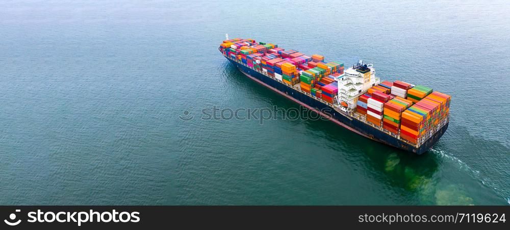Container ship carrying container aerial view, Business import and export logistic and transportation of international by container ship in the open sea, with copy space.