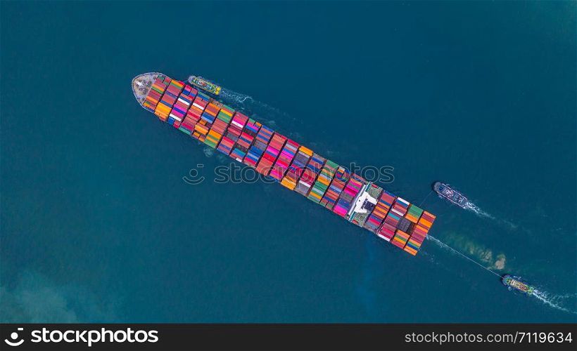 Container ship carrying container aerial view, Business import and export logistic and transportation of international by container ship in the open sea, with copy space.