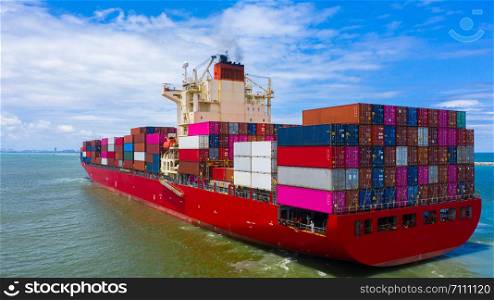 Container ship carrying container for business freight import and export, Aerial view container ship arriving in commercial port.