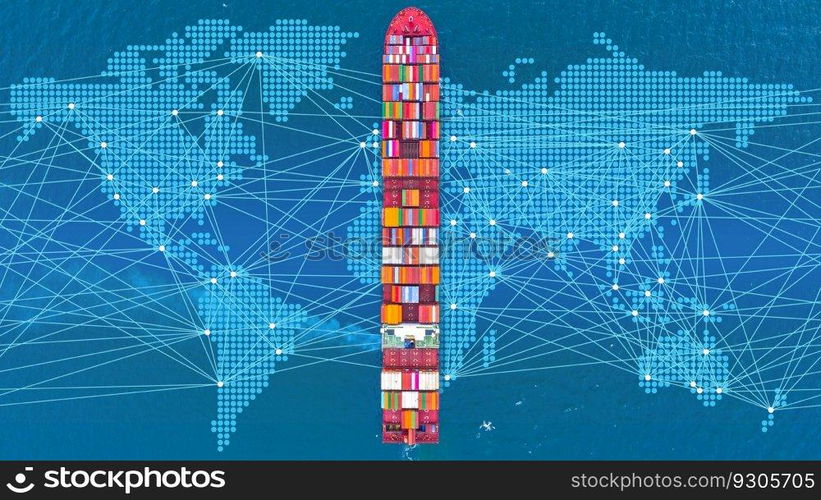 Container ship carrying container for business freight shipping import and export, Aerial view container ship arriving in commercial port.