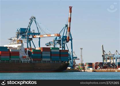 Container ship in harbor