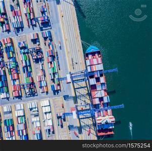 Container ship in import export and business logistic, By crane, Trade Port, Shipping cargo to harbor, International transportation, Business logistics concept, Aerial view