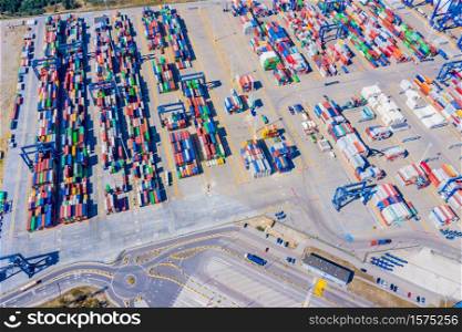 Container ship in import export and business logistic, By crane, Trade Port, Shipping cargo to harbor, International transportation, Business logistics concept, Aerial view