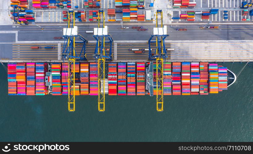 Container ship loading and unloading in deep sea port, Aerial top view of business logistic import and export freight transportation by container ship in open sea.