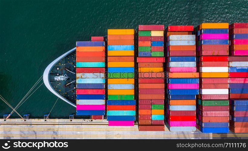 Container ship loading and unloading in deep sea port, Aerial top view of business logistic import and export freight transportation by container ship in open sea.